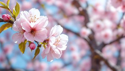 The primary subject of the image is a tree filled with pink flowers. The tree is located in a garden setting, surrounded by a blue sky. The visual style of the image is a photo, capturing the beauty of the tree and its flowers. The dominant colors in the image are pink and blue, creating a serene and peaceful atmosphere.