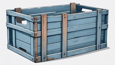 The primary subject of the image is a wooden crate, which is blue and white in color. The crate is placed on a white surface, giving it a clean and minimalist appearance. The visual style of the image is a combination of digital art and illustration, as it is a detailed and well-crafted representation of the wooden crate. The colors and mood of the image are predominantly blue and white, creating a calm and serene atmosphere.