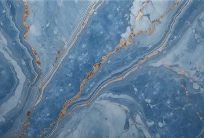 The primary subject of the image is a blue marble tile with gold accents. The setting is a bathroom, and the visual style is a close-up of the tile. The dominant colors are blue and gold, creating a luxurious and elegant atmosphere.