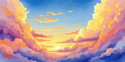 The primary subject of the image is a beautiful sunset with a cloudy sky. The setting is a vast, open space with a backdrop of clouds. The visual style is a combination of digital art and illustration, creating a vibrant and colorful scene. The dominant colors are orange, pink, and blue, giving the image a warm and serene atmosphere.