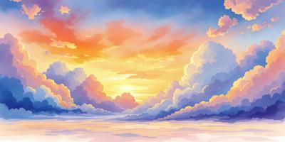 The primary subject of the image is a beautiful sunset with a cloudy sky. The setting is a vast, open space with a cloudy sky in the background. The visual style is a combination of digital art and illustration, creating a vibrant and colorful scene. The dominant colors are shades of orange, pink, and blue, which evoke a sense of warmth and tranquility.