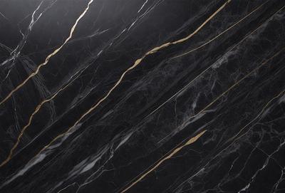 The primary subject of the image is a marble countertop with a black and gold pattern. The setting is a kitchen, and the visual style is a close-up of the countertop. The dominant colors are black and gold, creating a luxurious and elegant atmosphere.