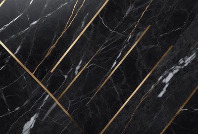 The primary subject of the image is a black and gold marble wall. The setting is a room with a black and gold marble wall, which serves as the background. The visual style is a close-up of the marble wall, showcasing its intricate patterns and textures. The colors and mood of the image are predominantly black and gold, creating a luxurious and elegant atmosphere.