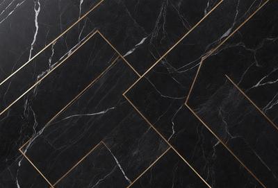 The primary subject of the image is a black and gold marble tile floor. The setting is a room with a black and gold marble tile wall. The visual style is a close-up of the floor, showcasing the intricate design of the tiles. The colors and mood of the image are elegant and sophisticated, with the black and gold tones creating a luxurious and high-end atmosphere.