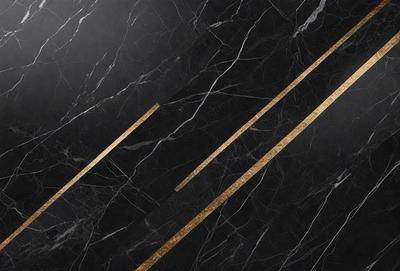 The primary subject of the image is a black and gold marble pattern. The setting is a black background, and the visual style is a patterned design. The dominant colors are black and gold, creating a sophisticated and elegant atmosphere.