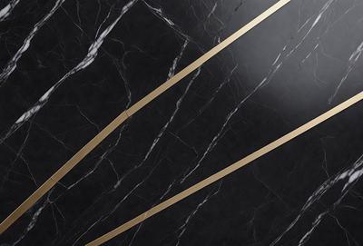 The primary subject of the image is a black marble wall with gold stripes. The setting is a room with a black background, and the visual style is a close-up of the marble wall. The dominant colors are black and gold, creating a luxurious and elegant atmosphere.