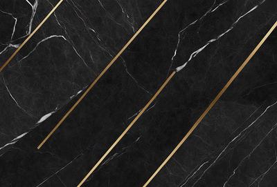 The primary subject of the image is a black and gold marble tile. The setting is a black and gold marble wall, which serves as the background. The visual style is a close-up of the marble tile, showcasing its intricate design. The colors and mood of the image are predominantly black and gold, giving it a luxurious and elegant appearance.