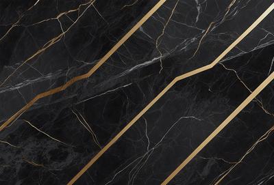 The primary subject of the image is a black and gold marble tile. The setting is a wall with a black background. The visual style is a close-up of the marble tile, showcasing its intricate design. The colors and mood of the image are dark and sophisticated, with the gold accents adding a touch of luxury.