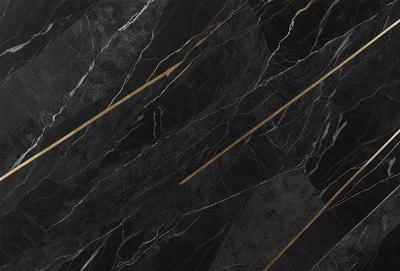 The primary subject of the image is a black and gold marble tile. The setting is a black background, and the visual style is a close-up of the tile. The dominant colors are black and gold, creating a luxurious and elegant atmosphere.