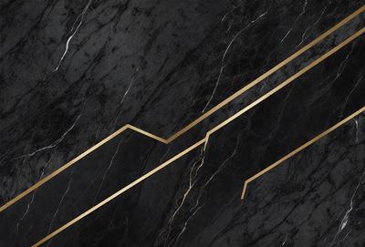 The primary subject of the image is a marble countertop with a gold design. The setting is a black and gold marble countertop, which serves as the background. The visual style is a combination of a photo and digital art, creating a unique and eye-catching design. The colors and mood of the image are predominantly black and gold, giving it a luxurious and elegant appearance.