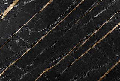 The primary subject of the image is a black marble countertop with gold stripes. The setting is a kitchen, and the visual style is a close-up of the marble countertop. The dominant colors are black and gold, creating a luxurious and elegant atmosphere.