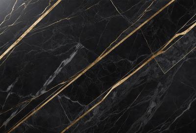 The primary subject of the image is a marble countertop with a gold-colored pattern. The setting is a kitchen, and the visual style is a close-up of the marble countertop. The colors and mood of the image are predominantly black and gold, giving it a luxurious and elegant appearance.