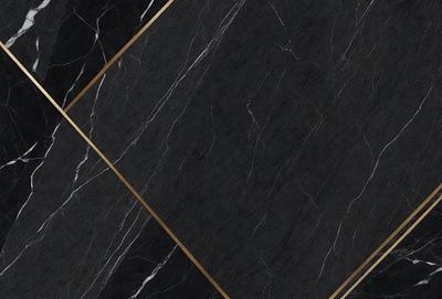 The primary subject of the image is a black marble tile with gold trim. The setting is a black and white photo of the tile, which gives it a classic and elegant appearance. The visual style is a close-up of the tile, showcasing its intricate design and texture. The colors and mood of the image are predominantly black and white, creating a timeless and sophisticated atmosphere.