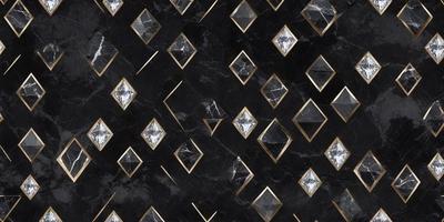 The primary subject of the image is a pattern of diamond shapes, which are arranged in a black and gold color scheme. The setting is a black and gold marble wall, which serves as the background for the diamond pattern. The visual style is a combination of digital art and illustration, creating a unique and eye-catching design. The colors and mood of the image are elegant and sophisticated, with the black and gold diamond shapes evoking a sense of luxury and refinement.