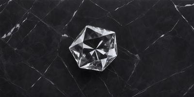The primary subject of the image is a large, clear crystal cube. The cube is placed on a black marble surface, which serves as the setting and background of the image. The visual style of the image is a close-up of the crystal cube, showcasing its intricate details. The colors and mood of the image are predominantly black and white, giving it a modern and sophisticated appearance.