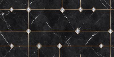 The primary subject of the image is a black and gold marble tile pattern. The setting is a black and gold marble tile wall, which serves as the background. The visual style is a pattern, and the colors and mood are predominantly black and gold, giving the image a luxurious and elegant appearance.