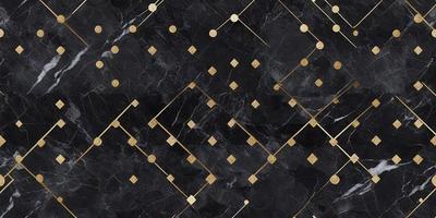 The primary subject of the image is a black and gold patterned marble tile. The setting is a black and gold marble tile wall, which serves as the background. The visual style is a combination of digital art and illustration, creating a unique and intricate design. The dominant colors are black and gold, giving the image a sophisticated and elegant appearance.