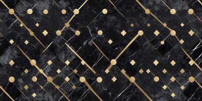 The primary subject of the image is a black and gold marble pattern. The setting is a black background, and the visual style appears to be a combination of a photo and digital art. The dominant colors are black and gold, creating a sophisticated and elegant atmosphere.