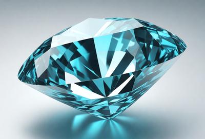 The primary subject of the image is a large, blue, cut-glass diamond. The setting is a white background, which provides a clean and uncluttered environment for the diamond to stand out. The visual style is a close-up of the diamond, showcasing its intricate details and sparkling facets. The colors and mood of the image are predominantly blue, giving the diamond a cool and elegant appearance.