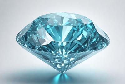 The primary subject of the image is a large, blue, crystal-clear diamond. The setting is a white background, which provides a clean and uncluttered environment for the diamond to stand out. The visual style is a close-up of the diamond, showcasing its beauty and clarity. The dominant colors are blue and white, creating a sense of elegance and sophistication.