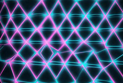 The primary subject of the image is a pattern of pink and blue triangles. The setting is a dark background, which contrasts with the bright colors of the triangles. The visual style appears to be a digital art or illustration, as the triangles are arranged in a geometric pattern. The colors and mood of the image are vibrant and energetic, with the pink and blue triangles creating a lively and dynamic scene.