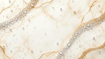The primary subject of the image is a close-up of a marble surface with a gold background. The setting is a white marble wall with a gold background, and the visual style is a photo. The colors and mood of the image are predominantly white and gold, creating a luxurious and elegant atmosphere.