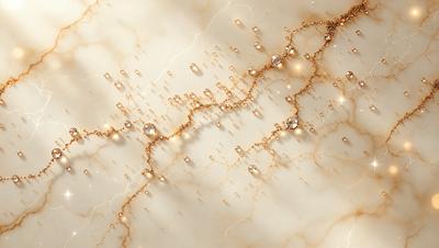 The primary subject of the image is a close-up of a marble surface with a pattern of gold and clear beads. The setting is a white marble wall, and the visual style appears to be a combination of a photo and digital art. The colors and mood of the image are predominantly gold and white, creating a warm and elegant atmosphere.