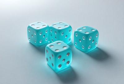 The primary subject of the image is a set of four blue dice. The setting is a white surface, which provides a clean and uncluttered backdrop for the dice. The visual style is a close-up of the dice, showcasing their details and colors. The dominant colors are blue and white, creating a calm and organized atmosphere.