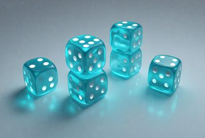 The primary subject of the image is a group of four blue and white checkered dice. They are placed on a white surface, which serves as the background. The visual style of the image is a photo, capturing the details of the dice. The colors and mood of the image are predominantly blue and white, giving it a clean and organized appearance.