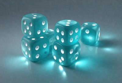 The primary subject of the image is a set of four blue dice. The setting is a table, and the visual style is a photo. The dominant colors are blue and white, creating a calm and soothing atmosphere.