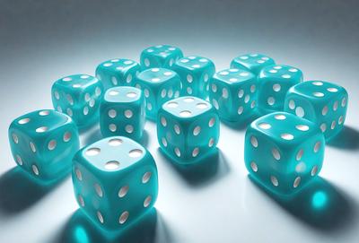 The primary subject of the image is a collection of blue and white dice. The setting is a white surface, which provides a clean and uncluttered backdrop for the colorful dice. The visual style is a close-up of the dice, showcasing their unique patterns and colors. The dominant colors in the image are blue and white, creating a calm and organized atmosphere.