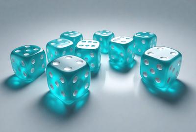 The primary subject of the image is a group of six blue dice. They are arranged in a circular pattern, with each die being slightly larger than the one before it. The setting is a white background, which provides a clean and uncluttered appearance. The visual style is a close-up of the dice, showcasing their vibrant blue color and unique shapes. The overall atmosphere is one of simplicity and focus on the subject matter.