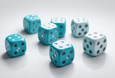 The primary subject of the image is a group of six blue and white dice. They are arranged on a white surface, which serves as the background. The visual style of the image is a photo, capturing the details of the dice and their arrangement. The colors and mood of the image are predominantly blue and white, giving it a clean and organized appearance.