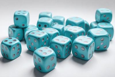 The primary subject of the image is a collection of blue and white dice. The setting is a white surface, and the visual style appears to be a photo. The dominant colors are blue and white, creating a calm and organized atmosphere.