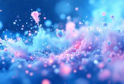The primary subject of the image is a swirling, colorful cloud of bubbles. The setting is a blue background, which adds to the overall visual style. The image is a digital art piece, showcasing the artist's creativity and skill in capturing the dynamic nature of the bubbles. The colors and mood of the image are vibrant and lively, with the pink and blue hues creating a sense of energy and movement.