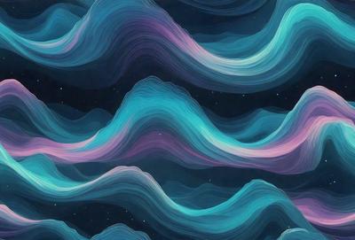 The primary subject of the image is a colorful, swirling pattern of blue and purple waves. The setting is a night sky, with the waves creating a mesmerizing visual effect. The visual style is a combination of digital art and illustration, giving the image a unique and artistic appearance. The dominant colors are blue and purple, creating a serene and calming atmosphere.