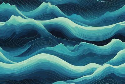 The primary subject of the image is a large body of water, featuring a blue color and a wave pattern. The setting is a vast ocean, and the visual style is a combination of digital art and illustration. The colors and mood convey a sense of depth and tranquility.