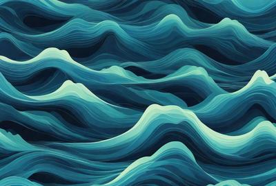 The primary subject of the image is a large body of water, featuring a blue color and a wave pattern. The setting is a vast ocean, and the visual style is a digital art or illustration. The colors and mood convey a sense of calmness and tranquility.