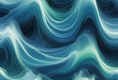 The primary subject of the image is a blue and white ocean wave. The setting is the ocean, with the wave being the main focus of the image. The visual style is a digital art or illustration, as the wave is depicted in a detailed and artistic manner. The dominant colors are blue and white, creating a serene and calming atmosphere.