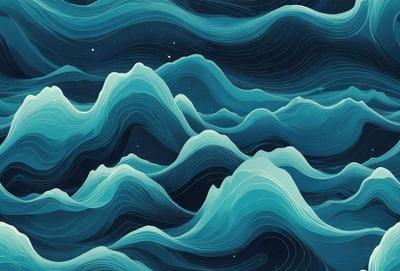The primary subject of the image is a mountain range, with a blue ocean in the background. The visual style is a combination of digital art and illustration, creating a surreal and artistic atmosphere. The dominant colors are blue and white, with the blue ocean and white clouds in the background, and the mountain range is depicted in shades of blue and gray. The overall mood of the image is serene and captivating, with the mountain range and ocean creating a sense of depth and beauty.