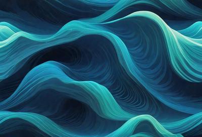 The primary subject of the image is a blue ocean with waves. The setting is the ocean, and the visual style is a digital art or illustration. The dominant colors are blue and green, creating a serene and calming atmosphere.