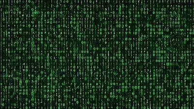 The primary subject of the image is a close-up of a computer screen displaying a pattern of green and white binary code. The setting is a computer screen, and the visual style is a digital art or illustration. The dominant colors are green and white, creating a calm and focused atmosphere.