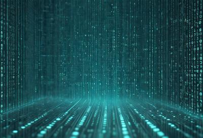 The primary subject of the image is a computer screen displaying a blue background with a pattern of green and white dots. The setting is a computer room, and the visual style is a digital art or illustration. The dominant colors are blue, green, and white, creating a calm and soothing atmosphere.