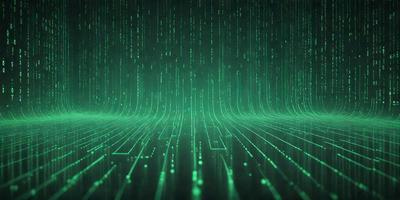 The primary subject of the image is a green, digital art-like background featuring a pattern of green and white lines. The setting is a dark room, and the visual style appears to be a combination of a photo and digital art. The colors and mood of the image are predominantly green and dark, creating a somewhat mysterious and futuristic atmosphere.