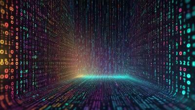 The primary subject of the image is a computer screen displaying a colorful, digital art-like pattern. The setting is a computer screen, and the visual style is a combination of digital art and illustration. The colors and mood of the image are vibrant and energetic, with a focus on the purple and blue hues.