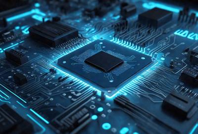 The primary subject of the image is a computer chip with a blue glow. The setting is a computer circuit board, and the visual style is a close-up of the chip. The colors and mood of the image are predominantly blue, creating a futuristic and technological atmosphere.