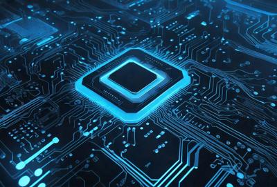 The primary subject of the image is a blue square, which is the main object, scene, or focus of the image. The setting/background features a blue and white circuit board, which is the environment, backdrop, or surface visible in the image. The visual style of the image is digital art, as it is a digital representation of a circuit board. The colors and mood of the image are predominantly blue and white, creating a clean and modern atmosphere.