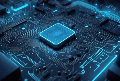 The primary subject of the image is a blue square, which is the main object, scene, or focus of the image. The setting/background features a blue and black circuit board, which is the environment, backdrop, or surface visible in the image. The visual style of the image is digital art, as it is a digital representation of a circuit board. The colors and mood of the image are predominantly blue, creating a calm and futuristic atmosphere.
