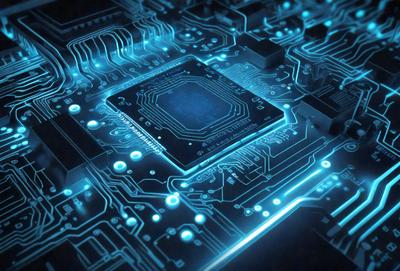 The primary subject of the image is a computer chip with a blue glow. The setting is a close-up of the chip, showcasing its intricate design. The visual style is a digital art or illustration, with the blue glow adding a unique and futuristic touch to the scene. The colors and mood of the image are predominantly blue, creating a sense of technology and innovation.