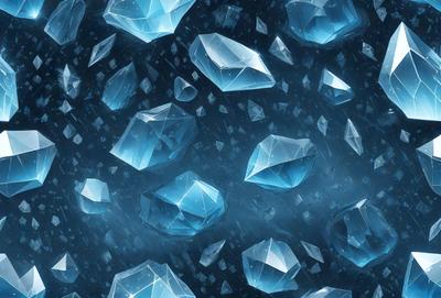 The primary subject of the image is a collection of blue crystals, which are the main objects in the scene. The setting is a dark, cloudy sky, creating a moody atmosphere. The visual style is a digital art or illustration, as the crystals are depicted in a detailed and intricate manner. The dominant colors are blue, with some variations in shades, and the overall mood is mysterious and captivating.
